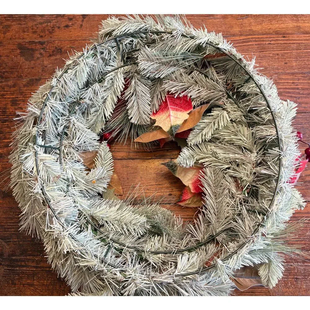 Set of 2 Handmade 19” Poinsettia Winter Wreaths with Greenery Wire Backs
